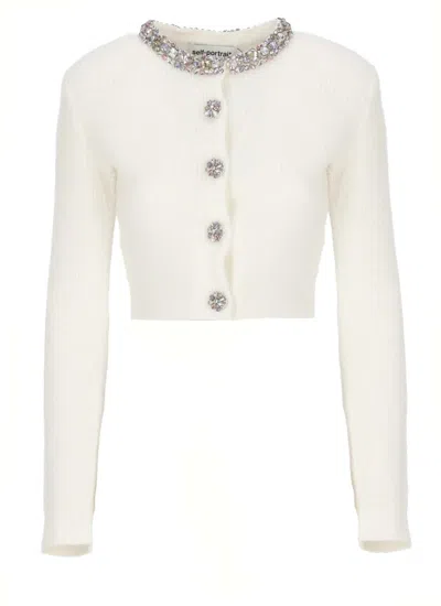 Self-portrait Cropped Ivory Cardigan With Multicolored Strass Embellishments In Gray