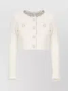Self-portrait Cropped Sweater With Textured Boucle Knit And Crystal Embellishments In White