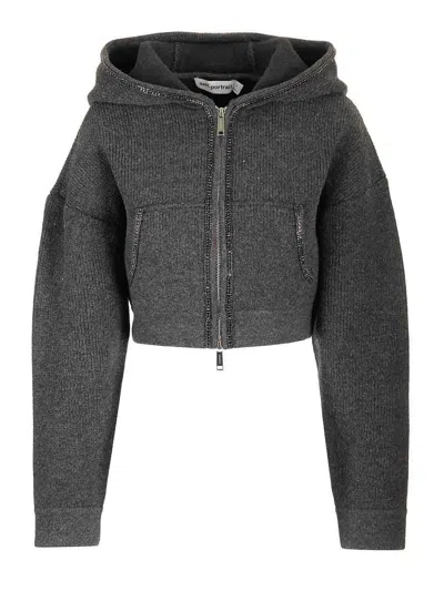Self-portrait Cropped Knit Hoodie In Gray