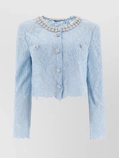 Self-portrait Cropped Lace Jacket Embellished Buttons In Blue