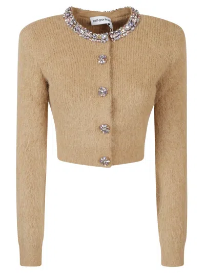Self-portrait Cropped Ribbed Sweater With Decorative Buttons In Brown