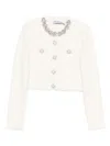 Self-portrait Cropped Sweater With Textured Boucle Knit And Crystal Embellishments In White