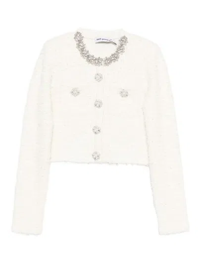 Self-portrait Cropped Sweater With Textured Boucle Knit And Crystal Embellishments In White