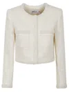 Self-portrait White Crewneck Jacket With Sequin And Faux-pearls Embellishments In Tech Fabric Woman