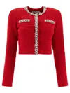 Self-portrait Cropped Textured Knitwear With Crystal Embellishments In Red