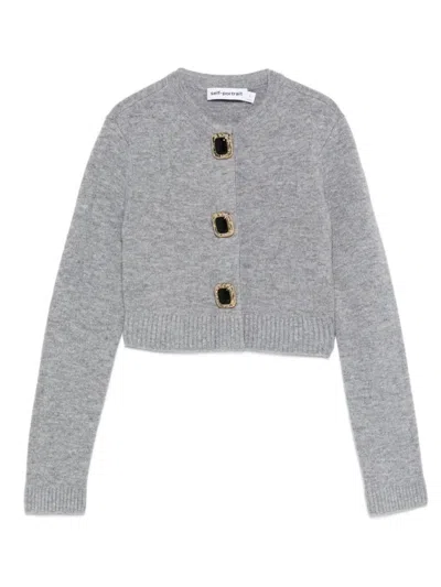 Self-portrait Cropped Knit Wool Cardigan In Grey In Gray