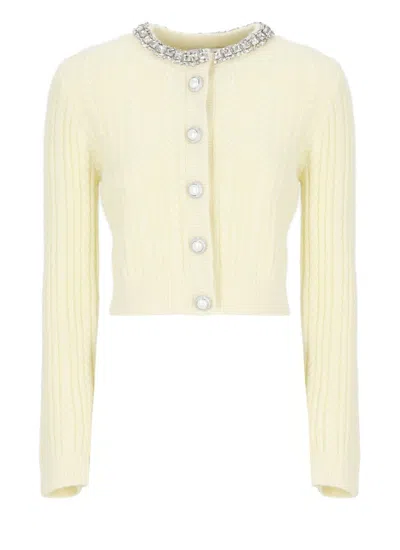SELF-PORTRAIT CROPPED YELLOW ALPACA CARDIGAN WITH RHINESTONE EMBELLISHMENTS