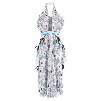 Self-portrait Cross-front Pleated Floral Halter Dress In Multicolor Polyester In Pink