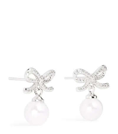 Self-portrait Crystal And Faux Pearl Bow Drop Earrings In Metallic