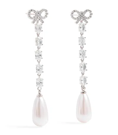 Self-portrait Crystal And Faux Pearl Bow Drop Earrings In Metallic