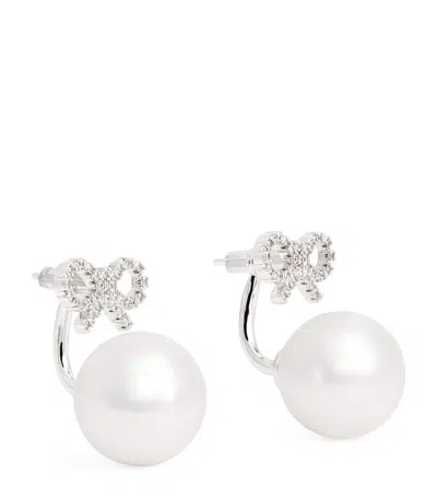 Self-portrait Crystal And Faux Pearl Bow Jacket Earrings In Metallic