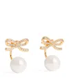 Self-portrait Crystal And Faux Pearl Bow Jacket Earrings In Gold