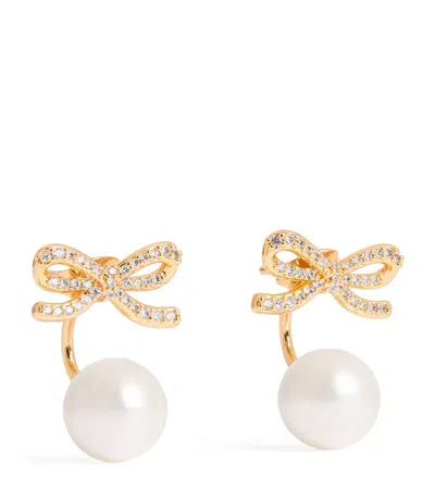 SELF-PORTRAIT CRYSTAL AND FAUX PEARL BOW JACKET EARRINGS
