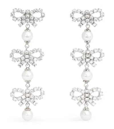 Self-portrait Crystal And Faux Pearl Bow Tiered Earrings In Metallic