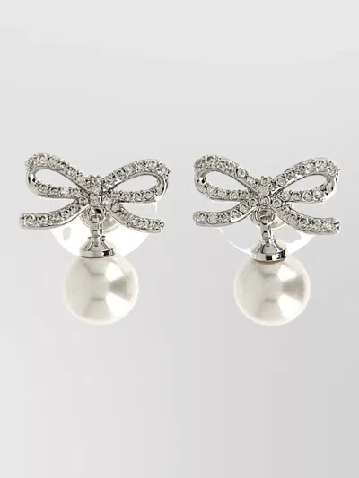 Self-portrait Crystal Bow And Pearl Drop Earrings In White