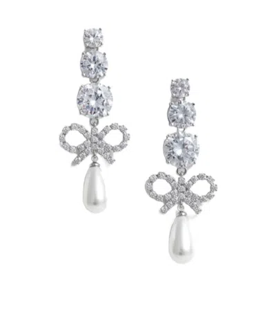 Self-portrait Crystal Bow And Pearl Earrings In Silver