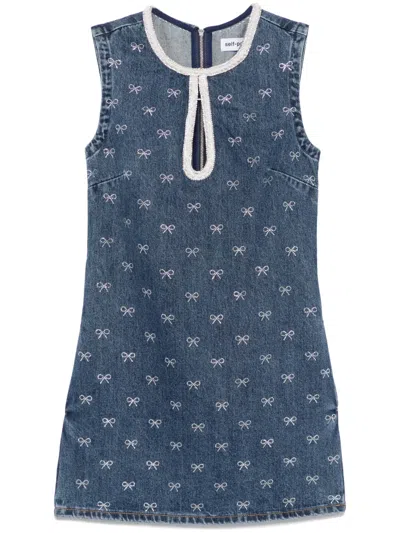 Self-portrait Womens Rhinestone-bow Sleeveless Denim Mini Dress Blue