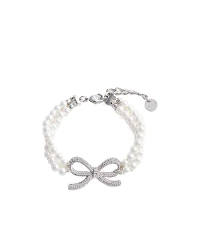 Self-portrait Crystal-bow Faux Pearl-double Strand Bracelet