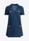Self-portrait Crystal Bow Mini Denim Dress In Blue