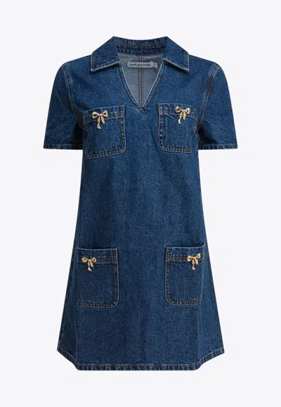 Self-portrait Crystal Bow Mini Denim Dress In Blue