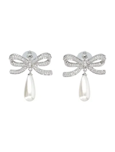 Self-portrait Crystal Bow Pearl Droplet Earrings In Silver