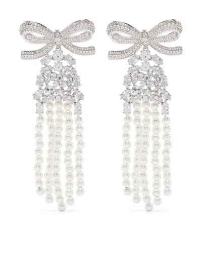 Self-portrait Crystal Bow Pearl Earrings In Silver