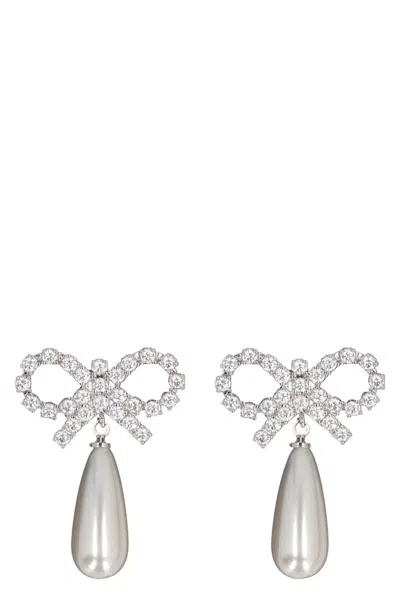 Self-portrait Crystal Bow Pearl Earrings In Silver