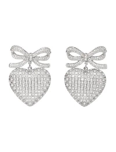 Self-portrait Crystal Bow Pearl Heart Earrings In Silver