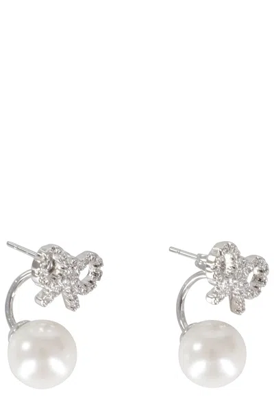Self-portrait Crystal Bow Pearl Jacket Earrings In Metallic