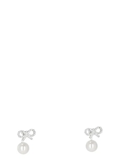 Self-portrait Crystal Bow Pearl Jacket Earrings In Gray