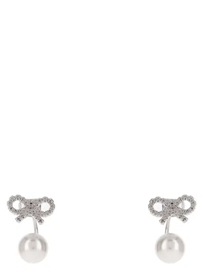 Self-portrait 'crystal Bow Pearl Jacket' Earrings In Silver