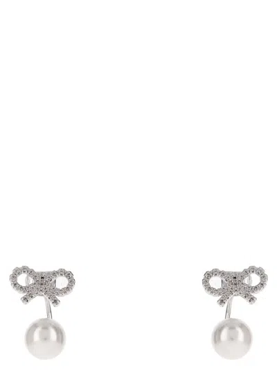 Self-portrait 'crystal Bow Pearl Jacket' Earrings In Silver