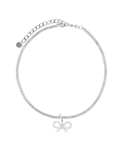 Self-portrait Crystal Bow Tennis Necklace In Metallic