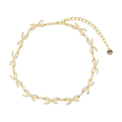 Self-portrait Crystal Bows Necklace Self Portrait Metal Gold In Brown