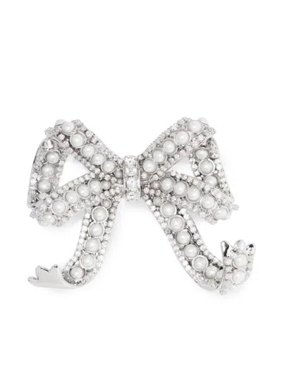 Self-portrait Crystal-embellished Bow Brooch In Silver