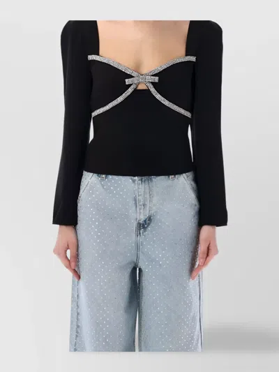 Self-portrait Crystal-embellished Bow-detail T-shirt In Black