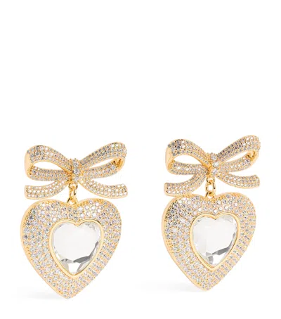 Self-portrait Crystal-embellished Bow Heart Earrings In Gold