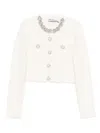 Self-portrait White Crewneck Cropped Cardigan With Crystal Embellishments On The Collar In Cotton Blend Woman In White