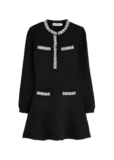 Self-portrait Crystal-embellished Cotton-blend Mini Dress In Black