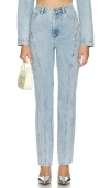 Self-portrait Paneled Crystal-embellished High-rise Straight-leg Jeans In 淡蓝色