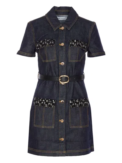 SELF-PORTRAIT CRYSTAL-EMBELLISHED DENIM MINI DRESS