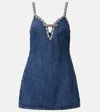 Self-portrait Blue Mini Dress With Bow Detail On The Front And Crystal Embellishment In Denim Woman In Blue