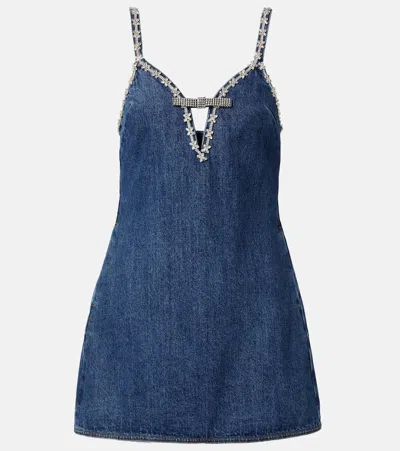 Self-portrait Blue Mini Dress With Bow Detail On The Front And Crystal Embellishment In Denim Woman