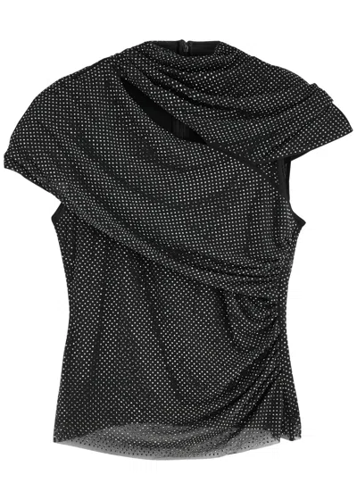 Self-portrait Crystal-embellished Draped Mesh Top In Black