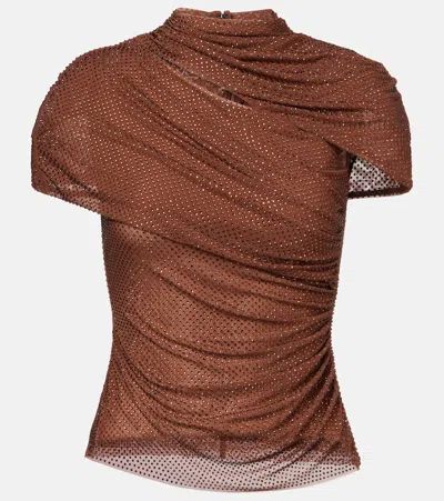 Self-portrait Crystal-embellished Draped Mesh Top In Brown