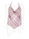 Self-portrait Checked Crystal And Chainmail-embellished Faille Halterneck Top In White