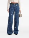 Self-portrait Wide-leg Cotton Jeans With Strass Floral Embellishments In Blue
