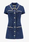 Self-portrait Blue Mini Dress With Rhinestoned Collar And Jewel Buttons With Crystals In Denim Woman In Blue