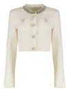 Self-portrait White Crewneck Cropped Cardigan With Crystal Embellishments On The Collar In Cotton Blend Woman In White