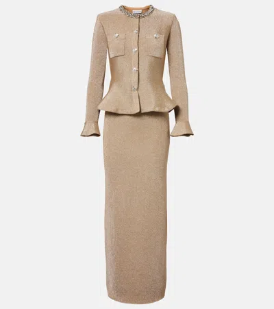 Self-portrait Gold Crystal Trim Knit Midi Dress In Nude